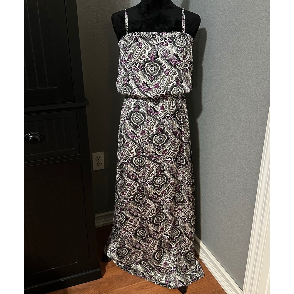 Guess‎ Paisley Print Strappy Maxi Dress Women S Smocked Empire Waist Boho Hippie